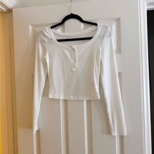 SHEIN White Long-Sleeve Scoop Neck Henley Crop Top